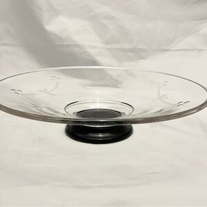 Vintage Etched Glass Console Bowl with Black Pedestal Base, EUC